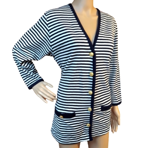 Navy Blue, White, & Gold Striped Nautical Cardigan with Detailed Button Closure - Picture 2 of 11